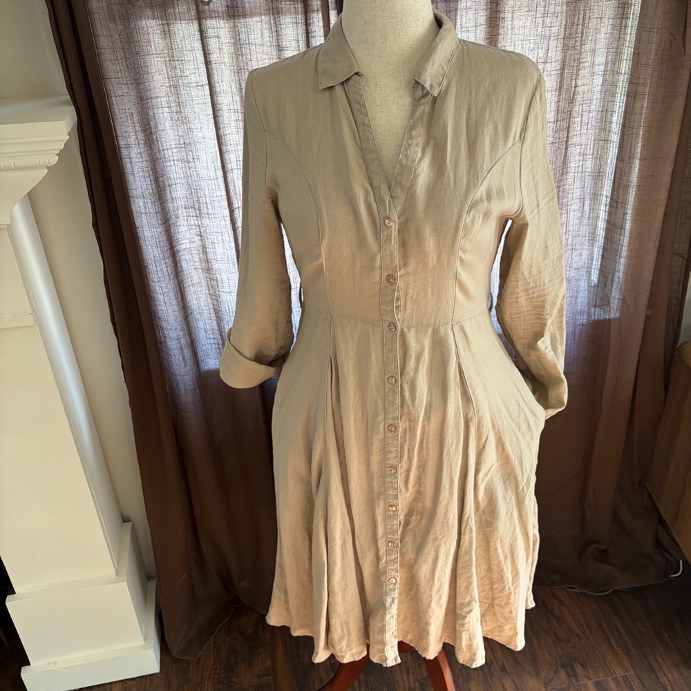 Linen Phase Eight Buttoned Front Neutral A-line Long Sleeve Dress size 6